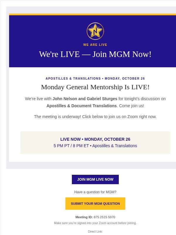 🚨 We're LIVE! Join Apostilles & Translations MGM Now! email from Notary Stars