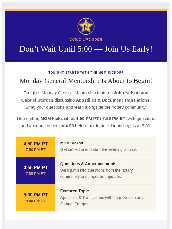 🌟 MGM Going Live Soon! Apostilles & Translations Tonight email from Notary Stars