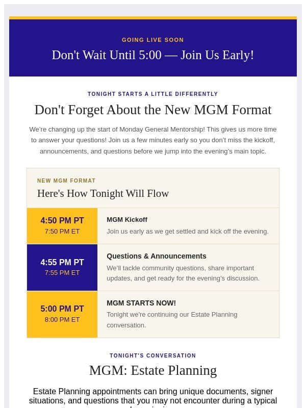 ⭐ MGM Starts Soon — Estate Planning Tonight! email from Notary Stars