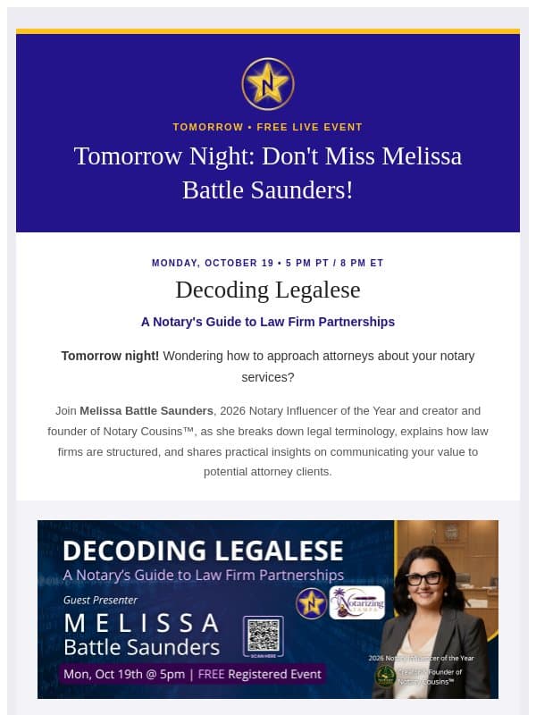 ⏰ Tomorrow! Could Law Firms Be Your Next Opportunity? email from Notary Stars