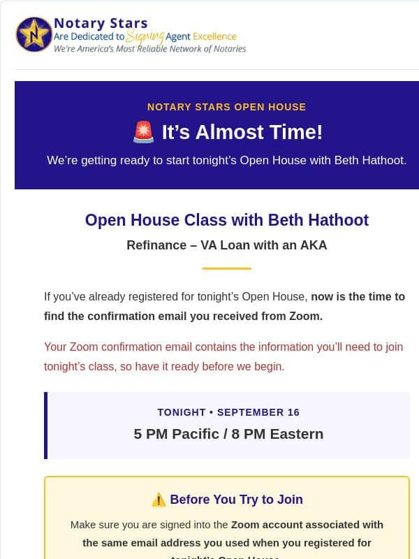 🚨 It’s Almost Time! Your Notary Stars Open House Starts Soon email from Notary Stars