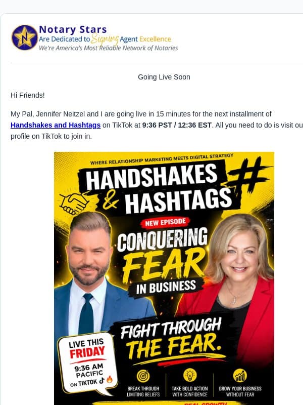 👋 Handshakes & Hashtags Going Live! email from Notary Stars