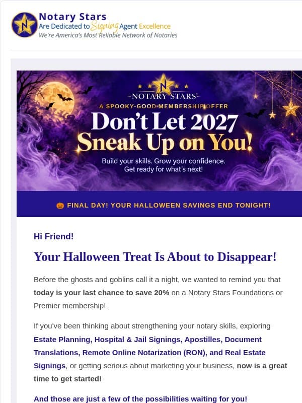 🎃 Last Chance! Your 20% Notary Stars Treat Ends Tonight! email from Notary Stars