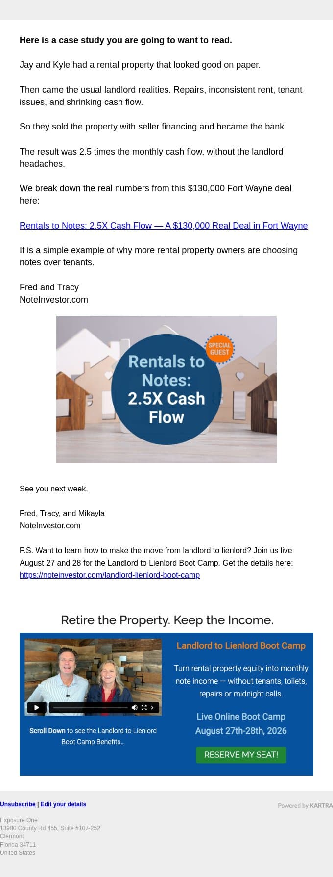 This Rental Paid 2.5X More as a Note email from Note Investor screenshot