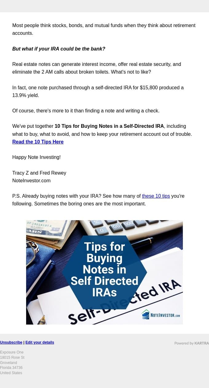 Your IRA Could Be the Bank. Here's How. email from Note Investor screenshot