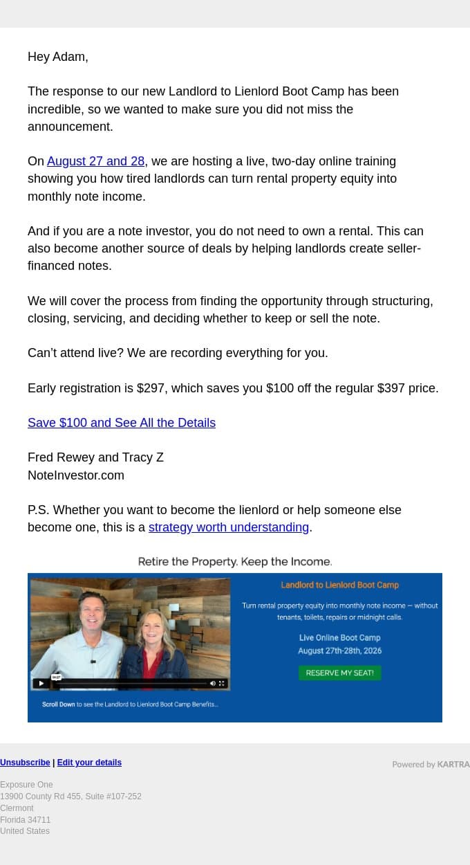 Did you see what we just announced? email from Note Investor screenshot