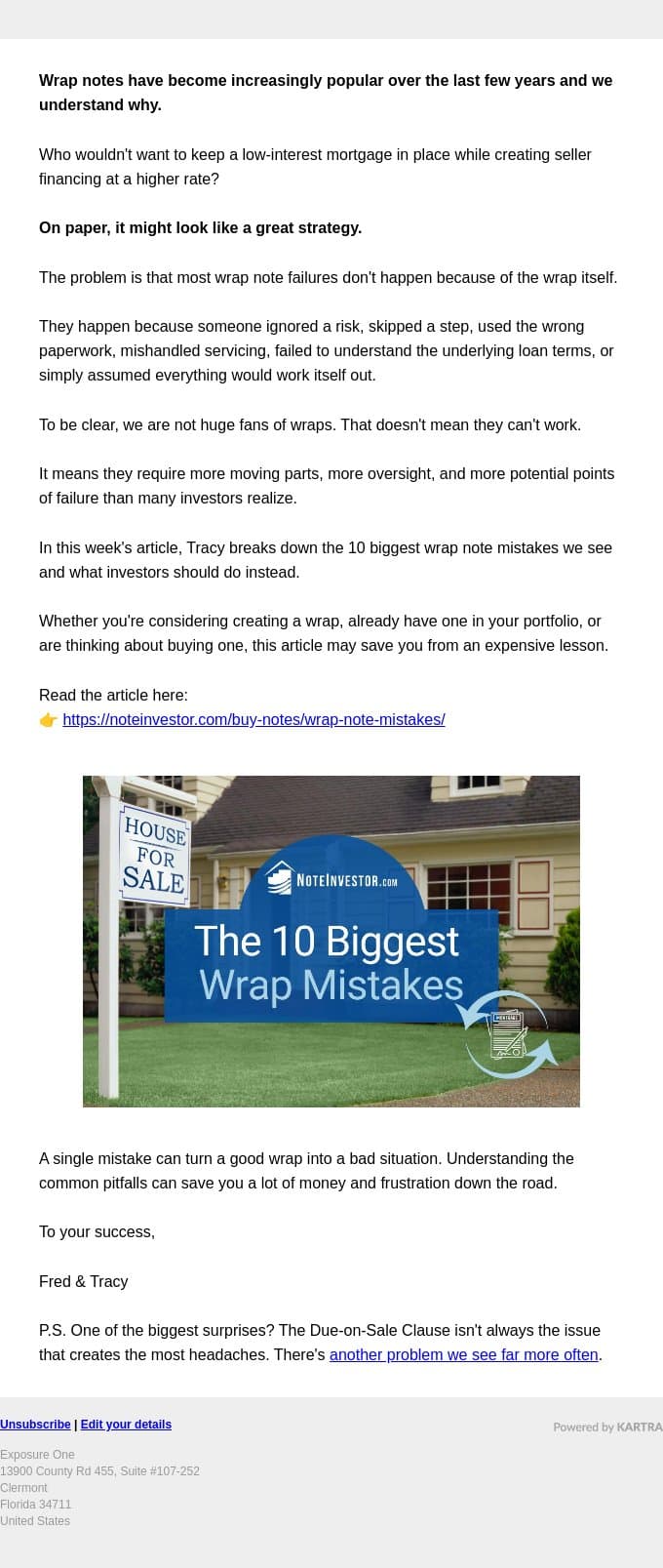 Are Most Wrap Note Problems Are Self-Inflicted? email from Note Investor screenshot
