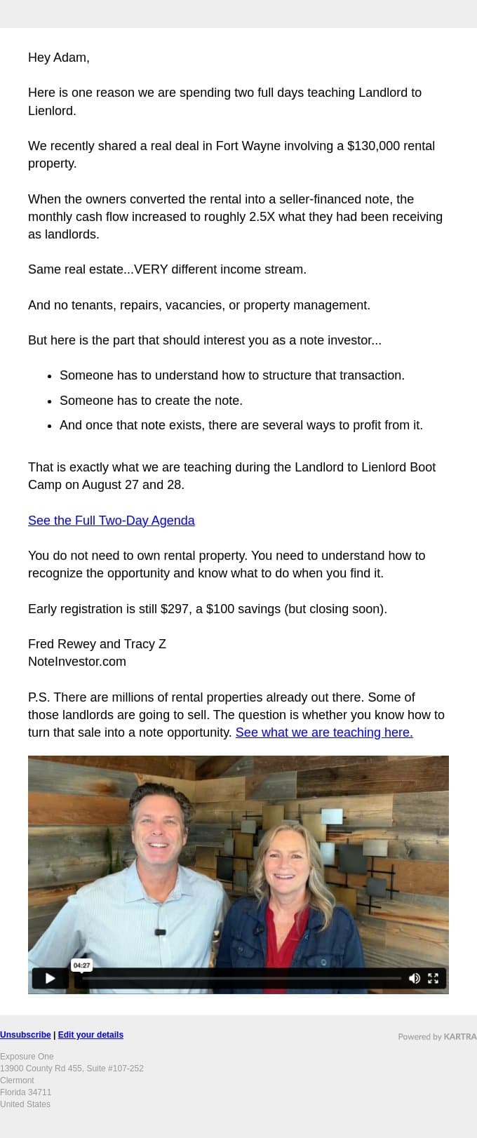 A $130,000 property. Then the math changed. email from Note Investor screenshot