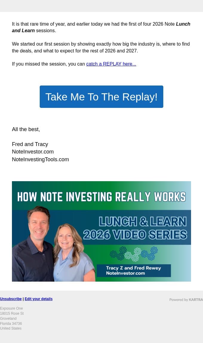 Replay of Lunch and Learn #1 email from Note Investor screenshot