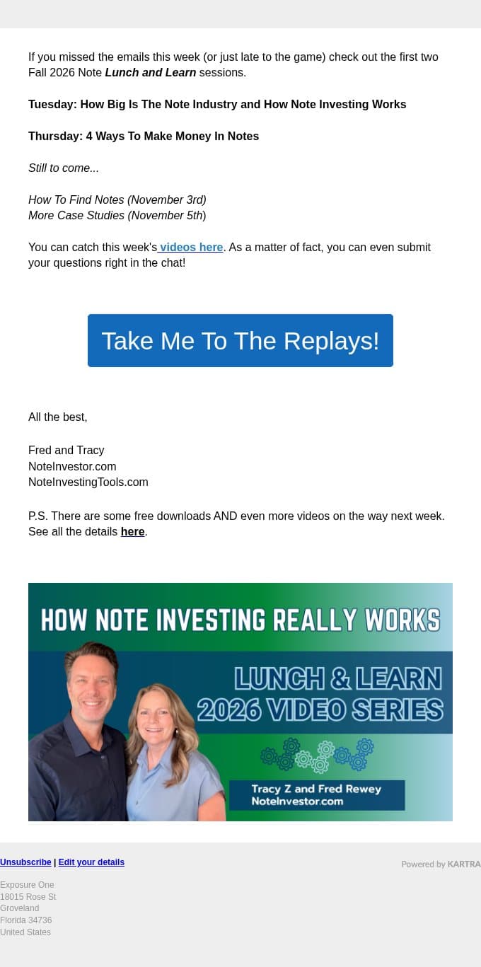 Lunch and Learn Week One - REPLAYS email from Note Investor screenshot