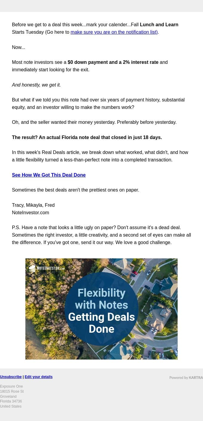 $0 Down. 2% Interest. Closed in 18 Days. email from Note Investor screenshot