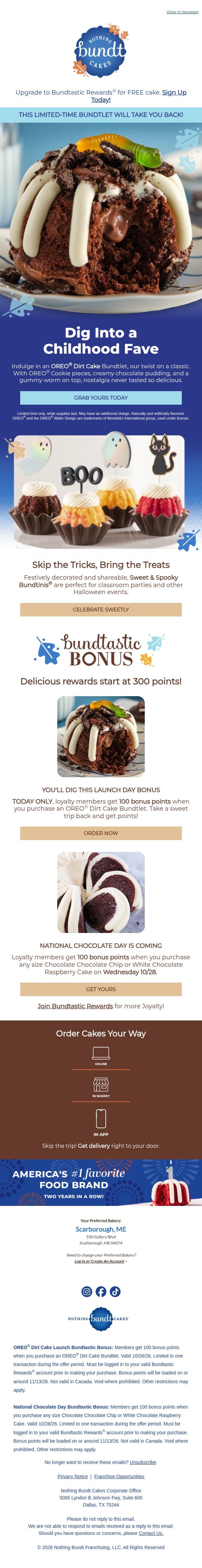 🚨TRY NOW: OREO® Dirt Cake email from Nothing Bundt Cakes screenshot