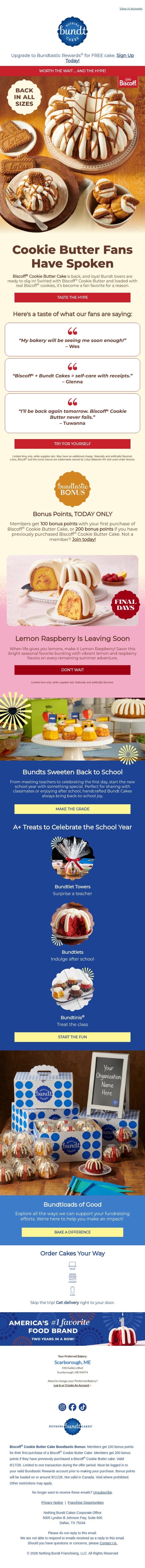 Biscoff® Cookie Butter Cake Is BACK. email from Nothing Bundt Cakes screenshot