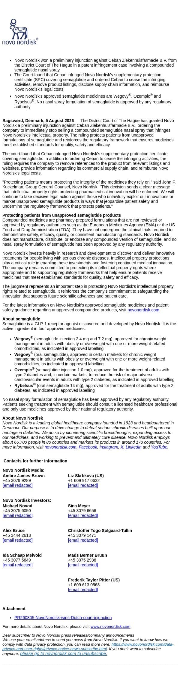 Novo Nordisk wins Dutch court injunction protecting patients from unapproved, unlawful compounded semaglutide nasal spray email from Novo Nordisk screenshot
