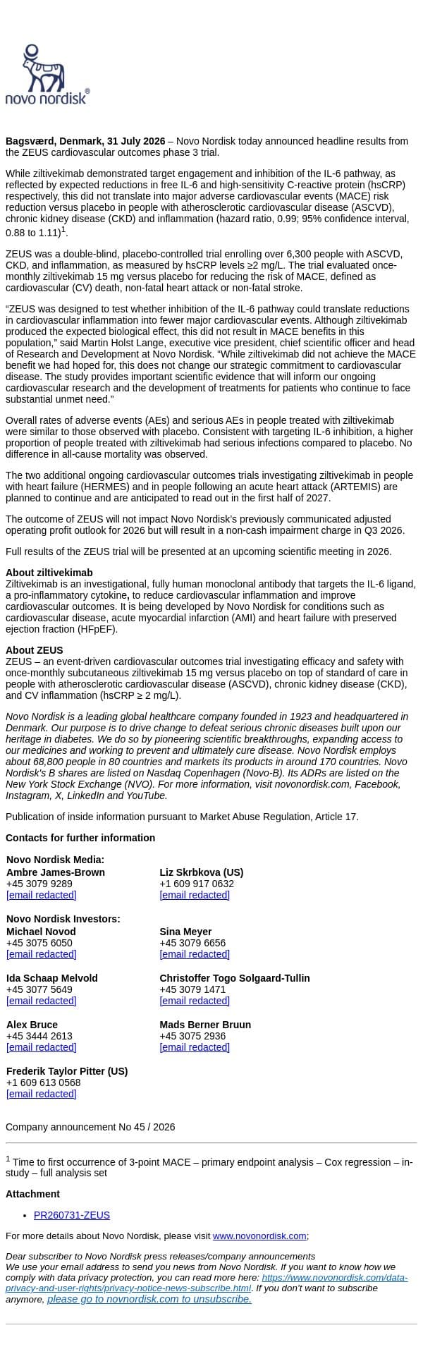 Novo Nordisk provides update on the ZEUS phase 3 trial in people with ASCVD, CKD and inflammation email from Novo Nordisk screenshot