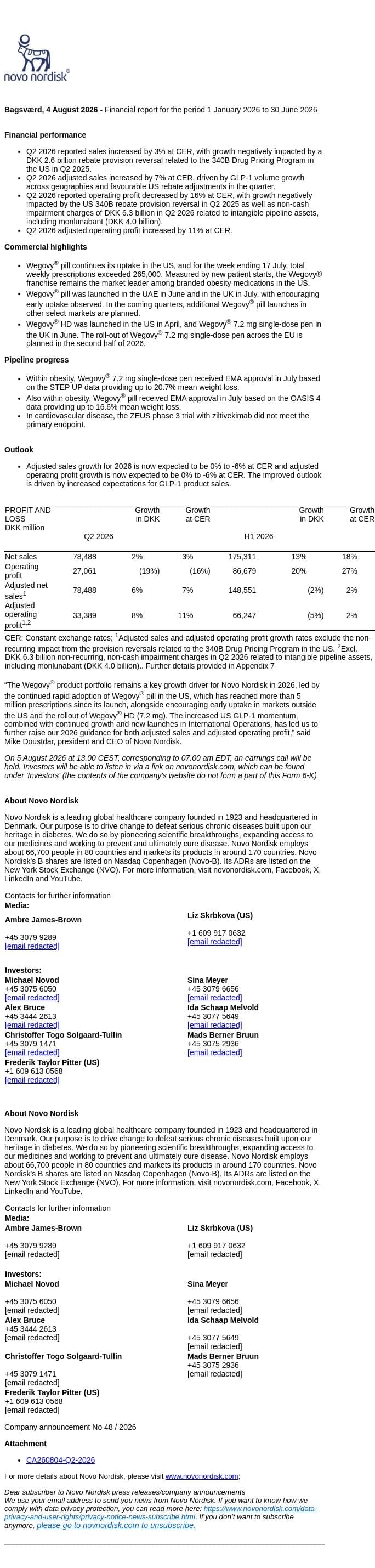 Novo Nordisk reports adjusted operating profit of DKK 33,389 million for Q2 2026 and raises full-year outlook email from Novo Nordisk screenshot