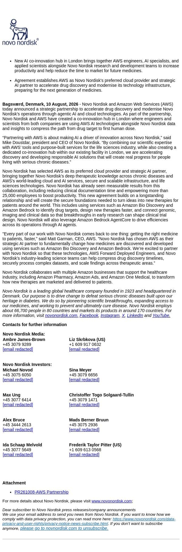 Novo Nordisk and AWS enter strategic partnership to accelerate drug discovery through AI email from Novo Nordisk screenshot