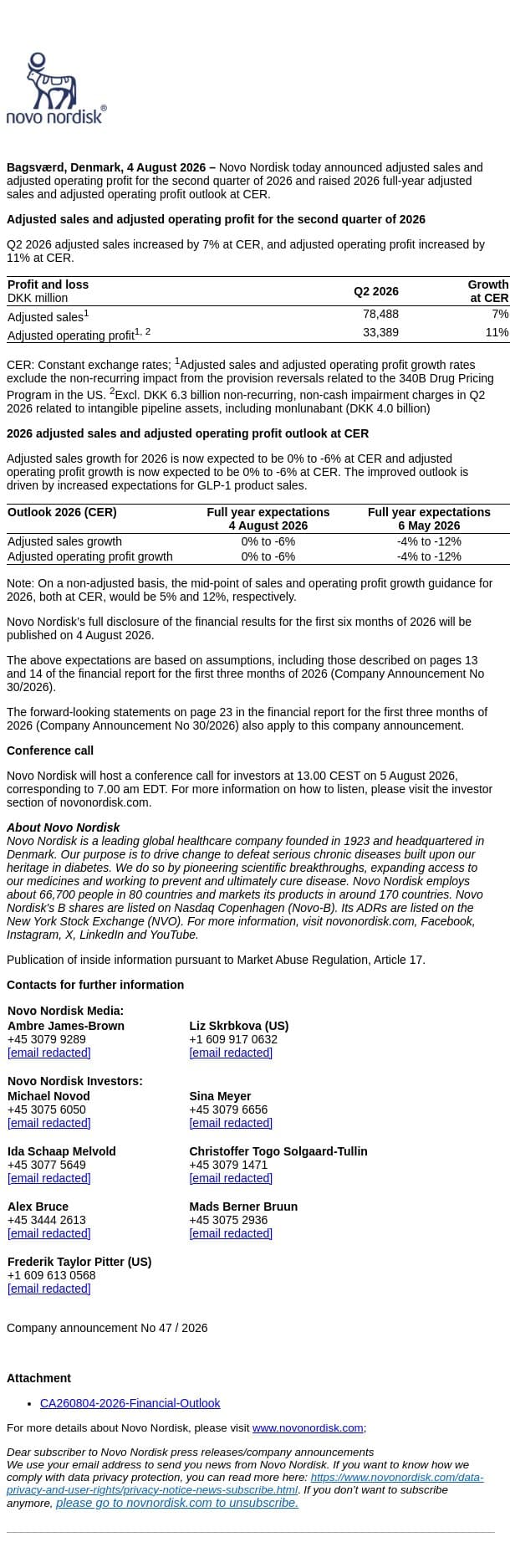 Novo Nordisk raises adjusted sales and adjusted operating profit outlook for 2026 email from Novo Nordisk screenshot