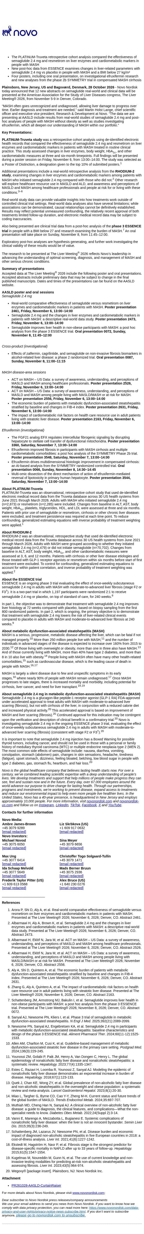 Novo to present new liver data across Wegovy 2.4 mg and investigational efruxifermin at The Liver Meeting® (AASLD) 2026 email from Novo Nordisk screenshot