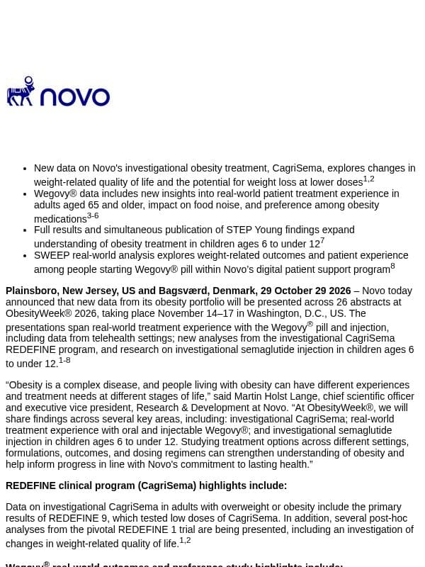 Novo to present new CagriSema and Wegovy® data at ObesityWeek® 2026, including data on treatment experience with Wegovy® pill in the real world email from Novo Nordisk