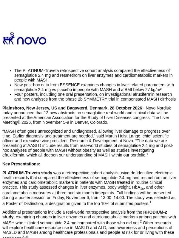 Novo to present new liver data across Wegovy 2.4 mg and investigational efruxifermin at The Liver Meeting® (AASLD) 2026 email from Novo Nordisk