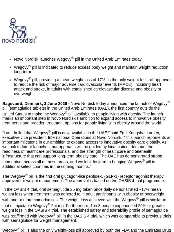 Wegovy® pill launches in the UAE as Novo Nordisk expands global access to obesity care email from Novo Nordisk