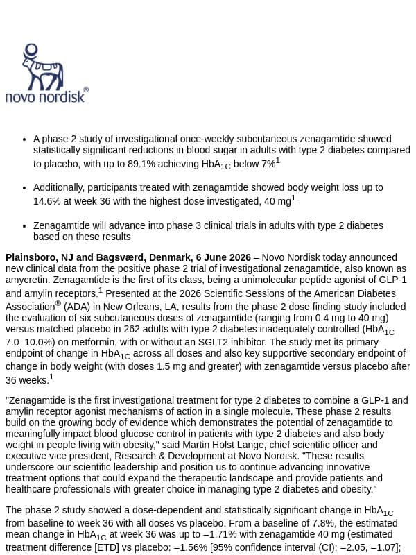 Novo Nordisk’s investigational zenagamtide shows significant HbA1C reductions with up to 14.6% weight loss in adults with type 2 diabetes - presented at ADA 2026 email from Novo Nordisk