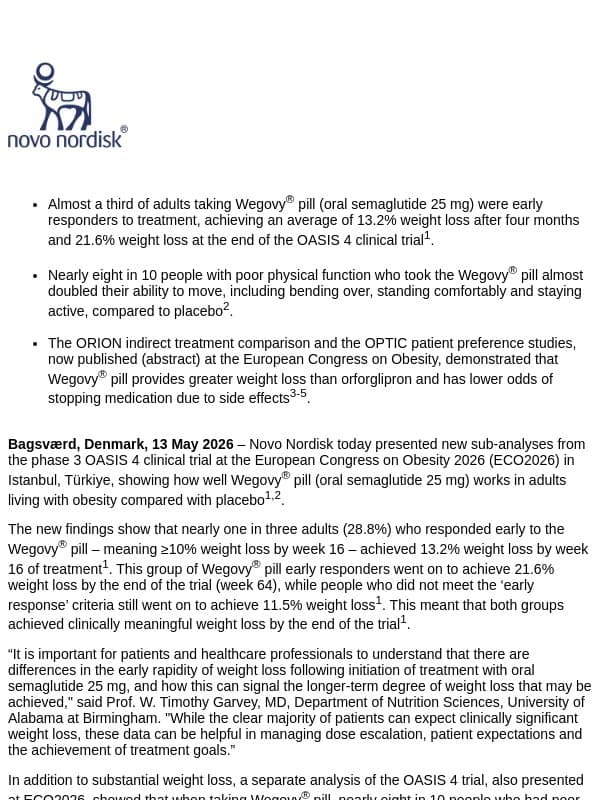 Wegovy® pill delivered 21.6% weight loss in early responders and doubled mobility improvement, according to new Novo Nordisk data at ECO2026 email from Novo Nordisk