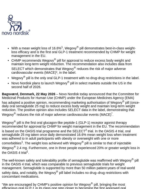 Novo Nordisk A/S: Wegovy® pill (oral semaglutide) recommended by CHMP for approval in the EU as the first oral GLP-1 representing the most efficacious oral obesity treatment in its class email from Novo Nordisk