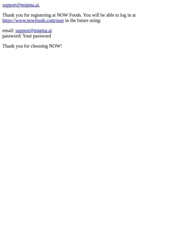 Account details for now-foods-us.newsletter@migma.ai at NOW Foods email from Now Foods screenshot