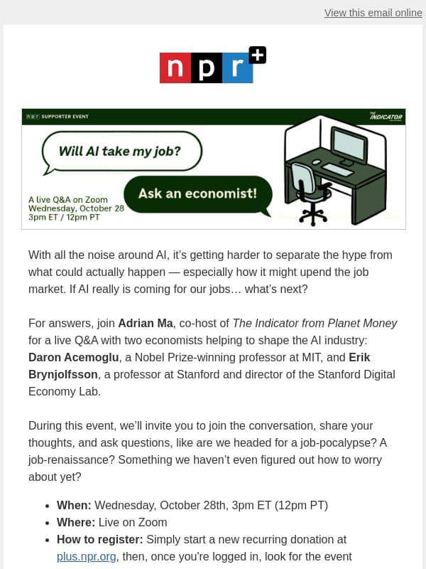 Will AI take your job? Join a live Q&A (with humans) email from NPR