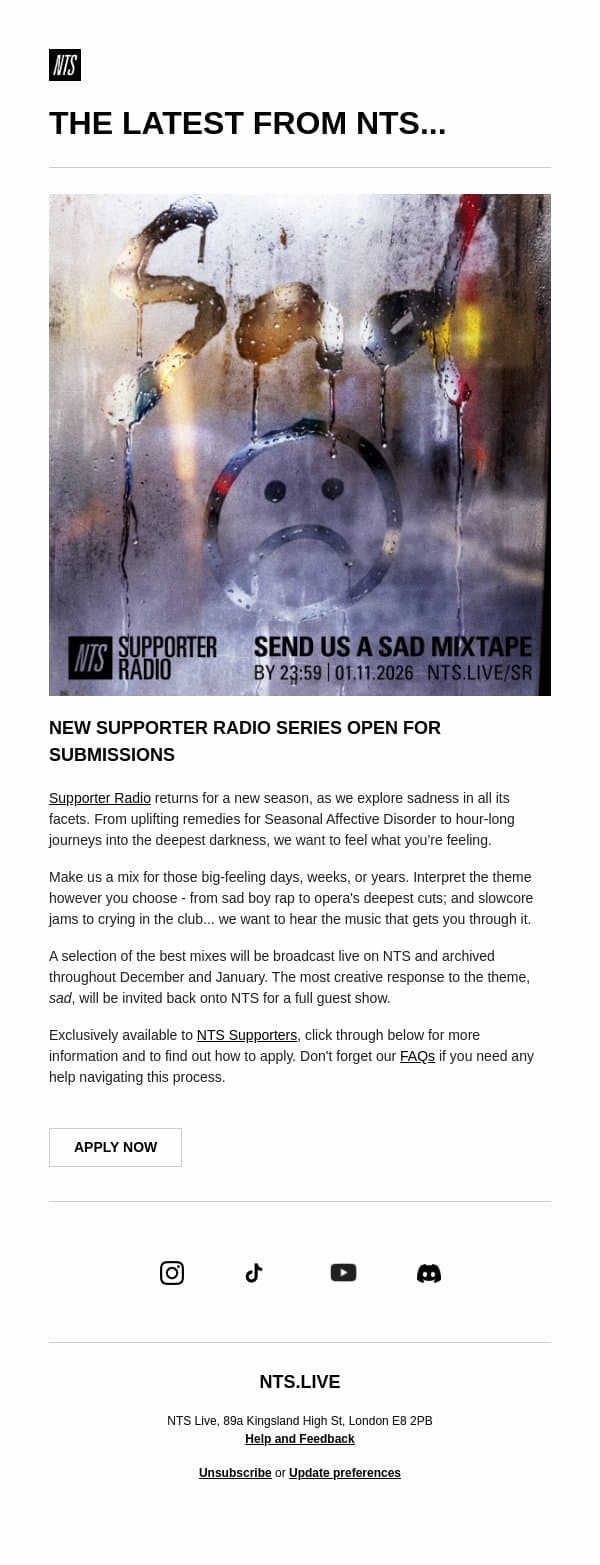 SEND US A MIXTAPE :( Supporter Radio: sad email from NTS Radio screenshot
