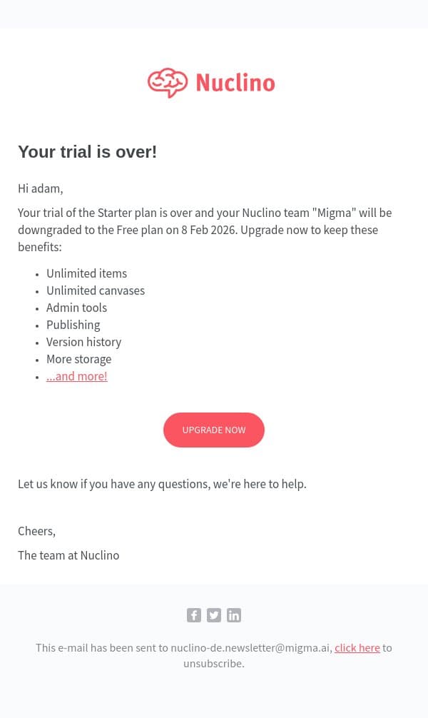 Your trial of the Nuclino Starter plan is over! email from Nuclino screenshot