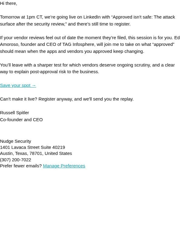 Tomorrow: What “approved” should really mean email from Nudge Security screenshot