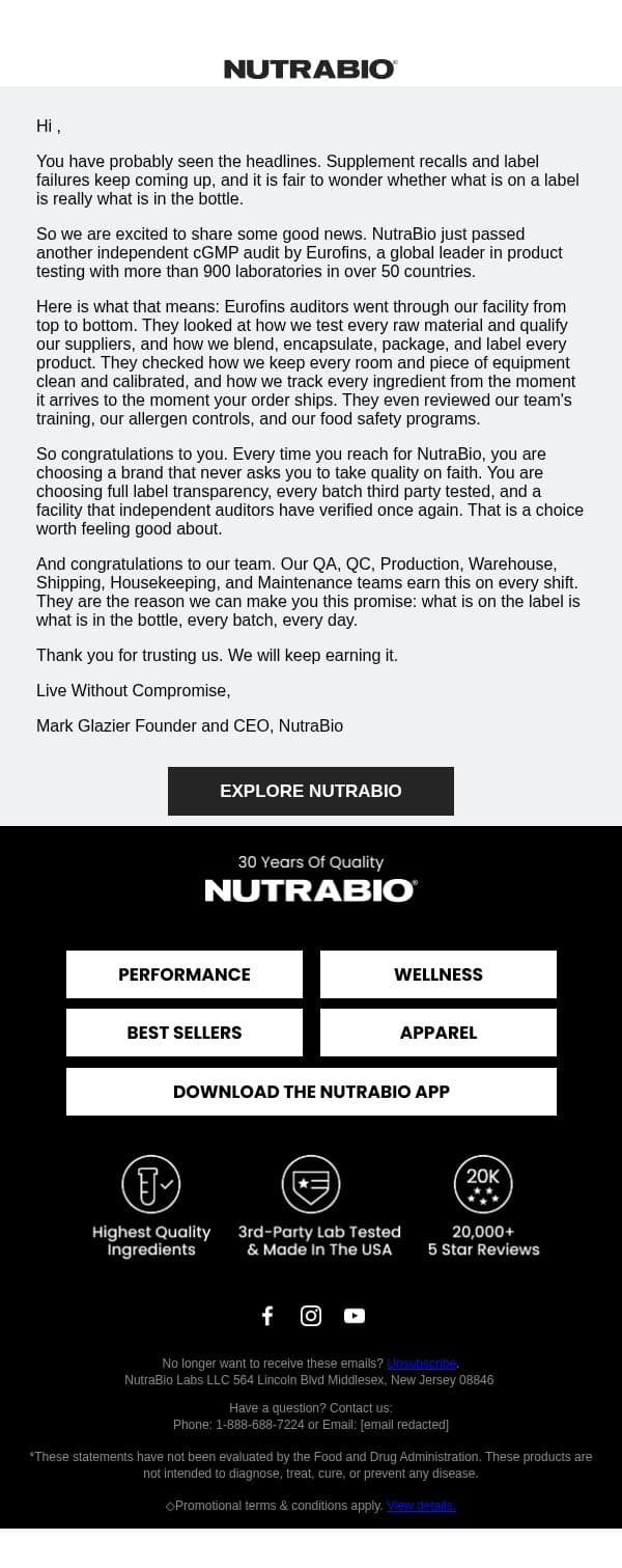 Another Independent Audit. Another Pass. email from NutraBio screenshot