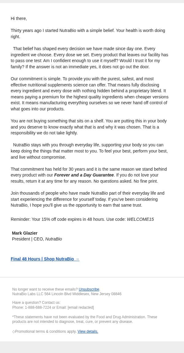 One last thing from me email from NutraBio screenshot