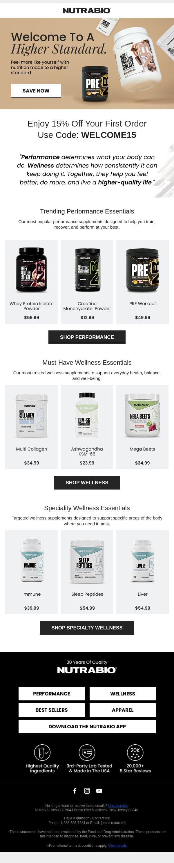 Welcome To NutraBio! email from NutraBio screenshot