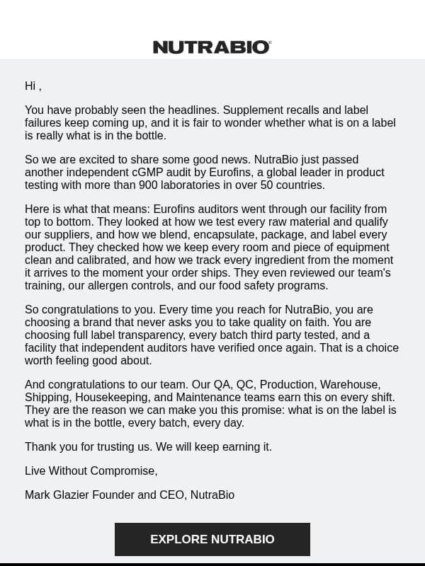 Another Independent Audit. Another Pass. email from NutraBio