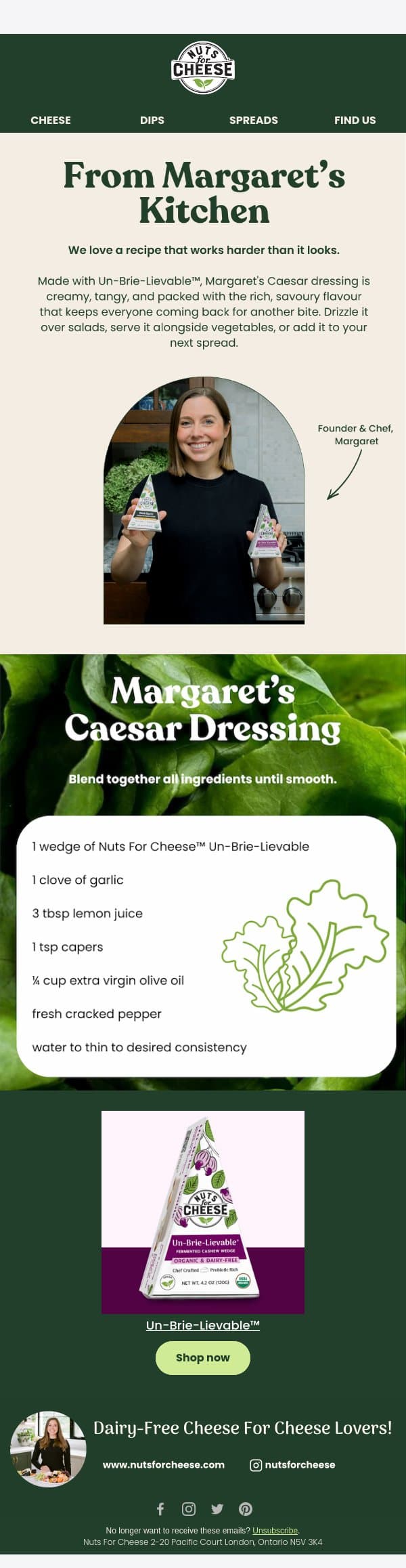 Margaret's Dairy-Free Caesar Dressing Recipe email from Nuts for Cheese screenshot