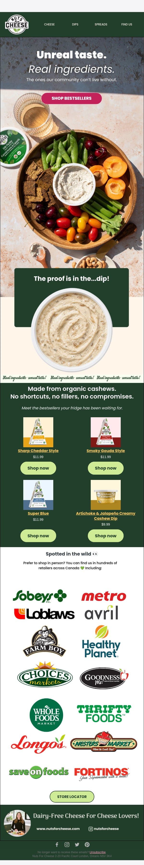 The lineup your fridge has been waiting for. email from Nuts for Cheese screenshot