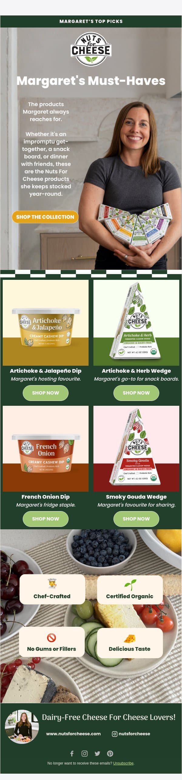 Margaret's Hosting Favourites email from Nuts for Cheese screenshot
