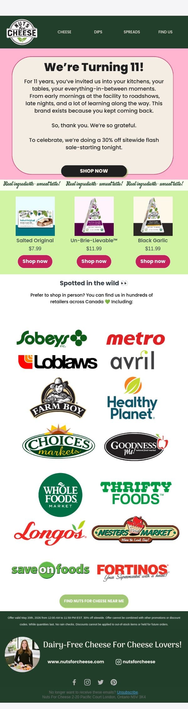 11 years. 30% off. Let’s celebrate. email from Nuts for Cheese screenshot
