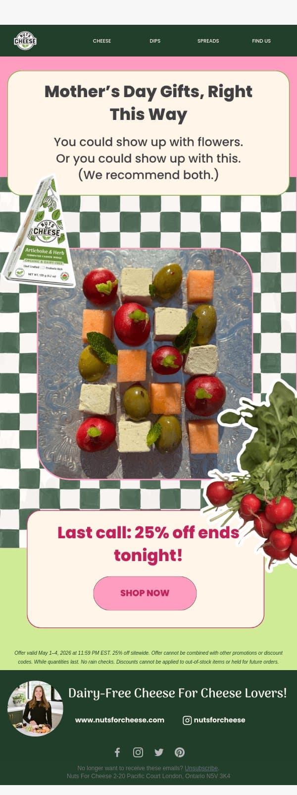 Last call: 25% off ends tonight! email from Nuts for Cheese screenshot