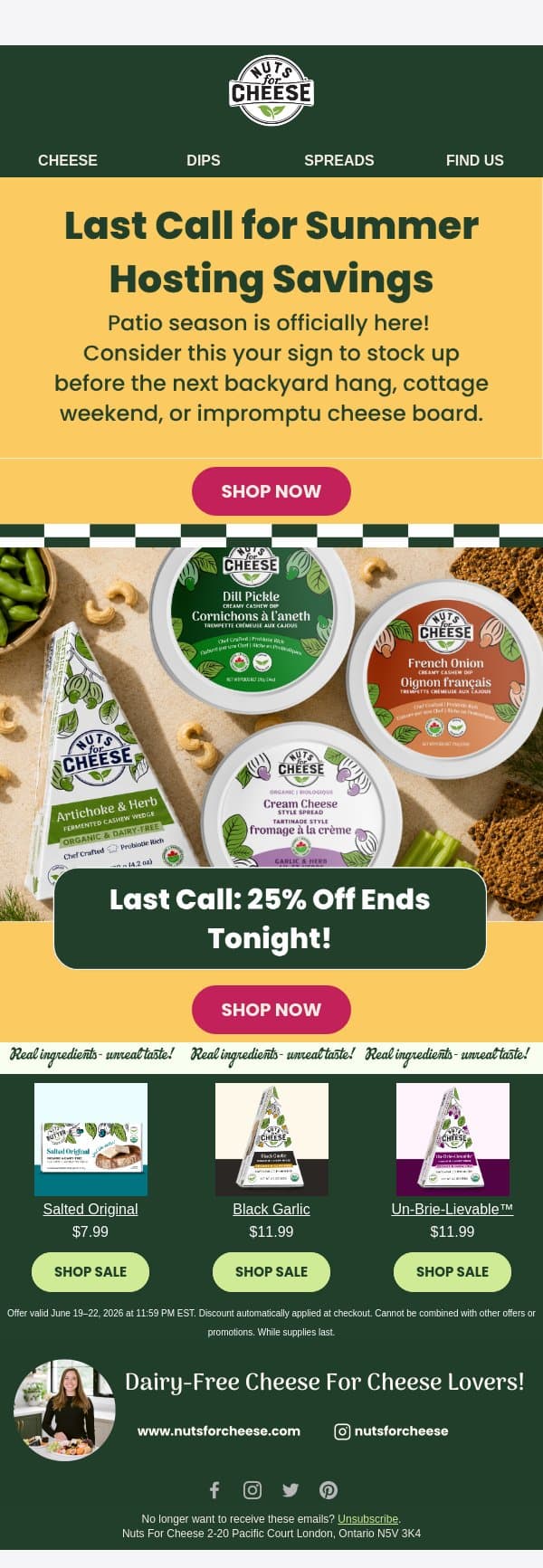 Last chance: 25% off ends tonight! email from Nuts for Cheese screenshot