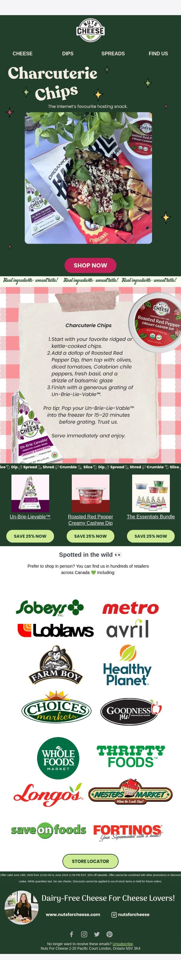 Charcuterie Chips + 25% Off This Weekend email from Nuts for Cheese screenshot