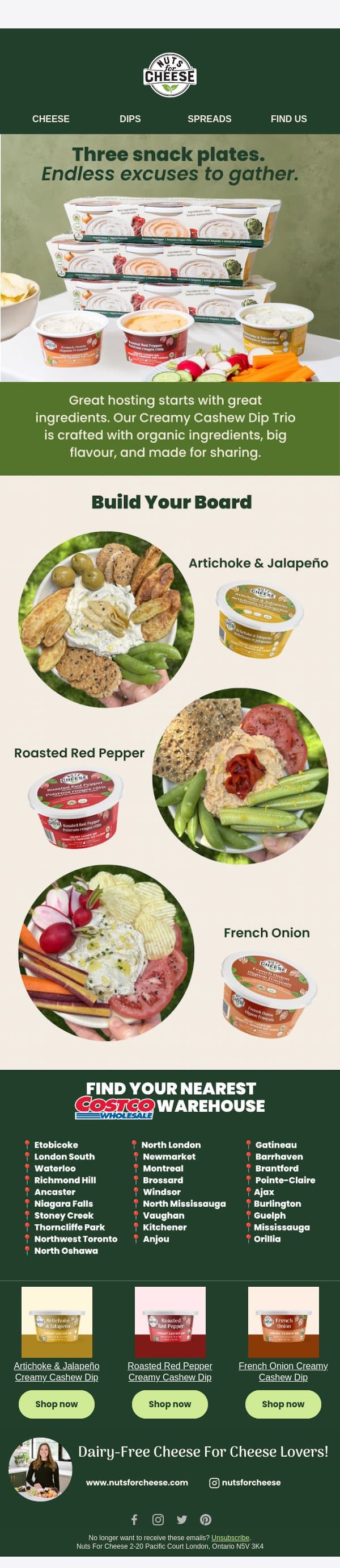 Three snack boards. One Costco trio. email from Nuts for Cheese screenshot