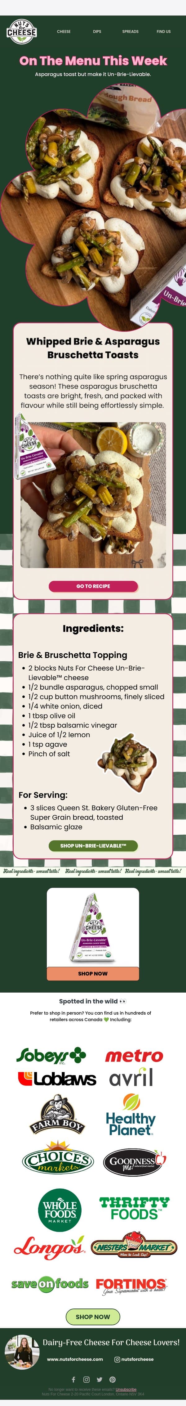 Asparagus toast but make it Un-Brie-Lievable email from Nuts for Cheese screenshot