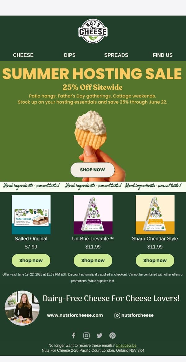 25% Off Starts Now: Summer Hosting Sale ☀️ email from Nuts for Cheese screenshot