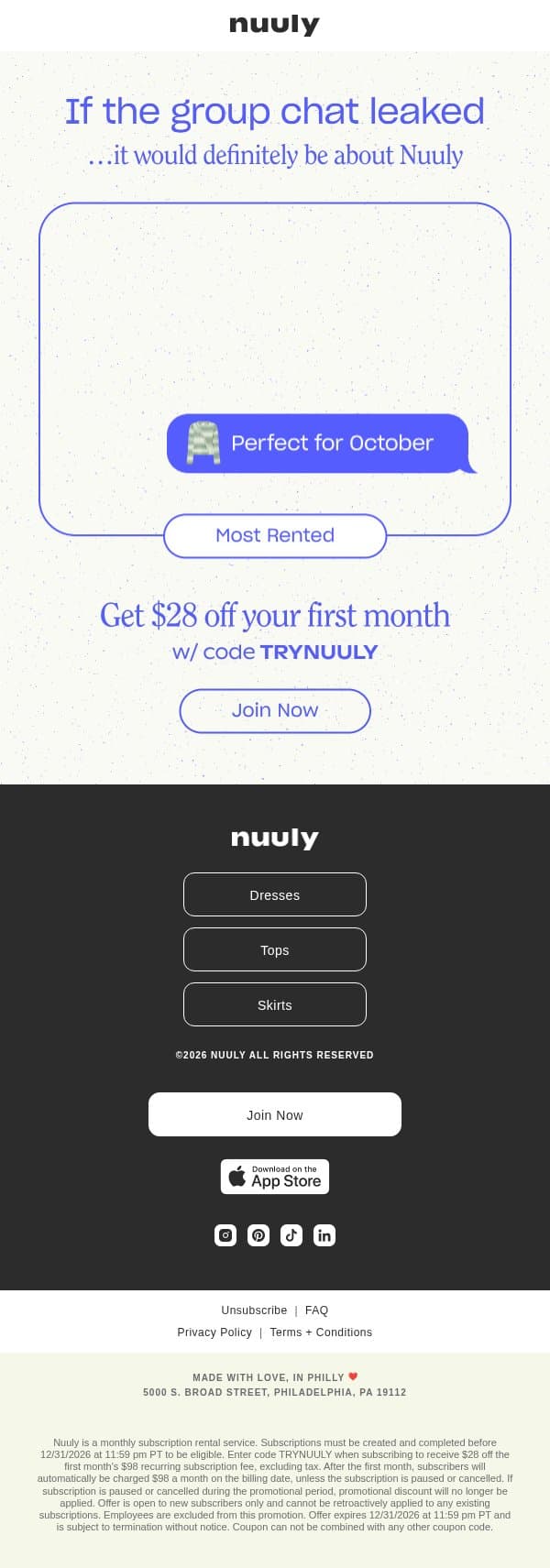 “CHIC MATADOR” + $28 OFF YOUR 1ST MONTH email from Nuuly screenshot