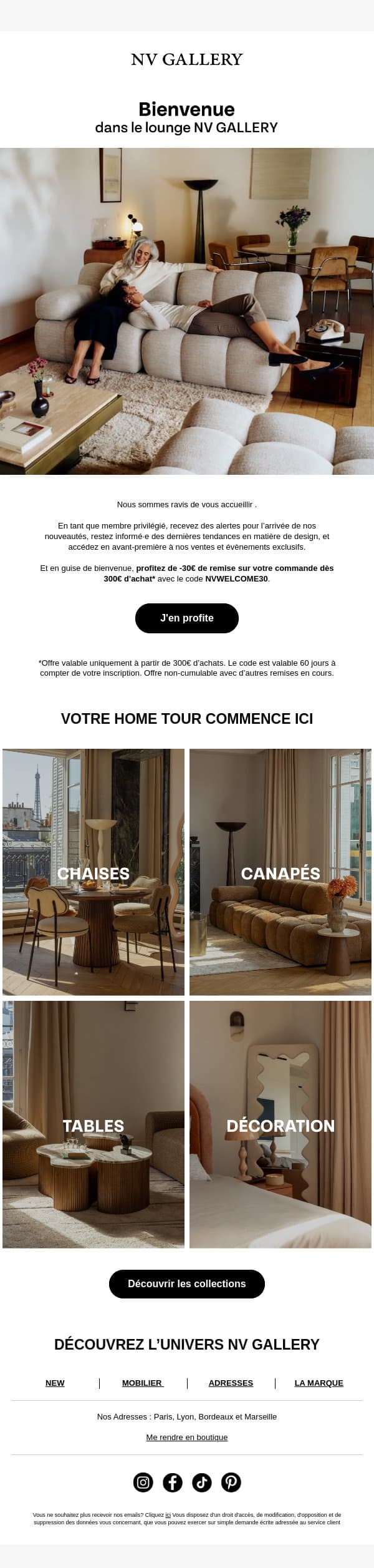 Bienvenue ! email from NV GALLERY screenshot